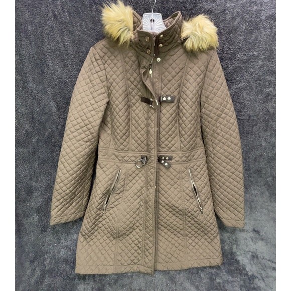 Ivanka Trump Jackets & Blazers - Ivanka Trump Womens Winter Brown Fur Lined Hood Quilted Zip Parka Coat Small S